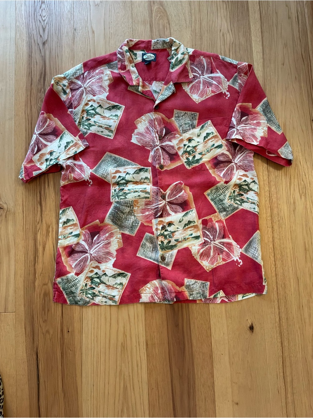 Tommy Bahama Red Tropical Postcard Print Hawaiian Shirt, Size Large